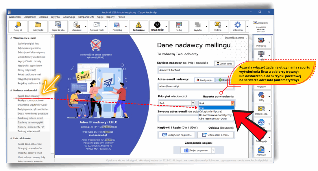 Raporty DSN (dostarczenia) oraz MDN (wyświetlenia)