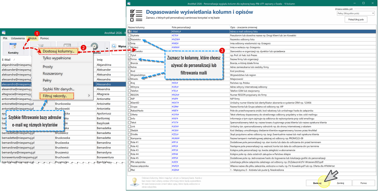 Filtrowanie rekordów w AnoMail
