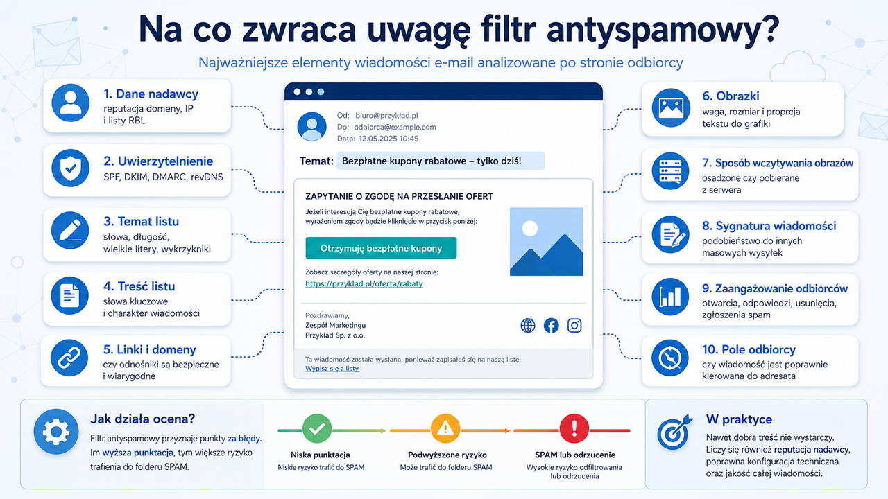Infografika: Na co zwraca uwagę filtr antyspamowy oceniając czy wiadomość e-mail jest spamem czy nie?