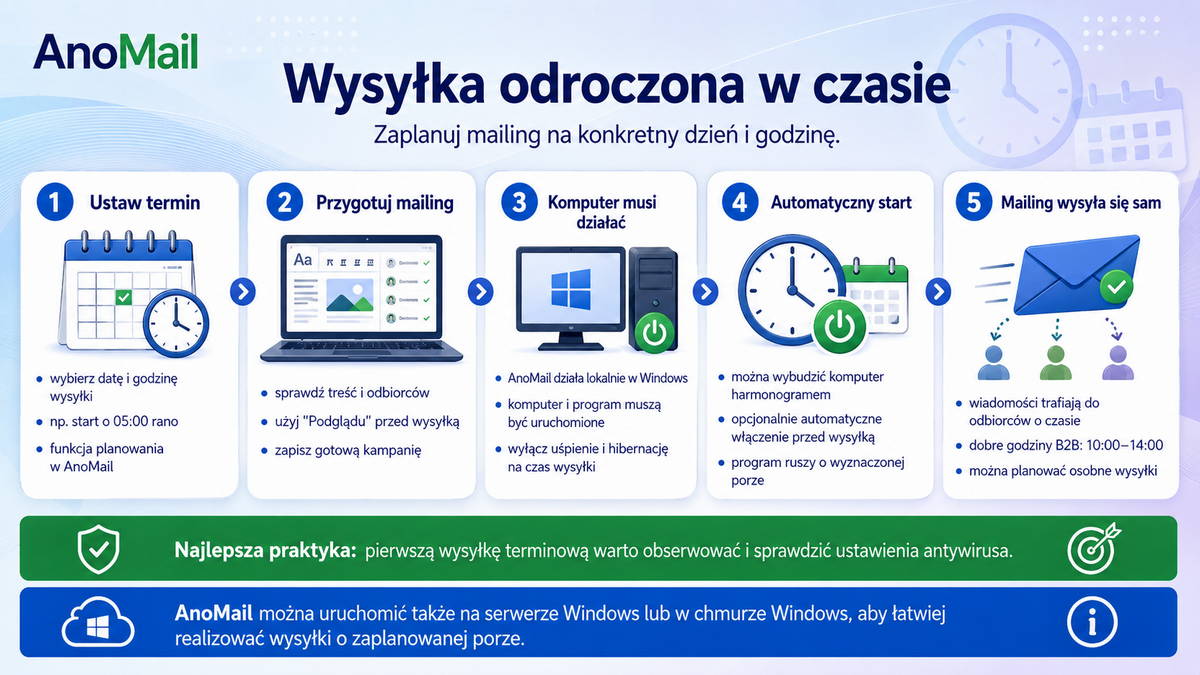 Planowanie wysyłki na określony dzień i godzinę - Infografika