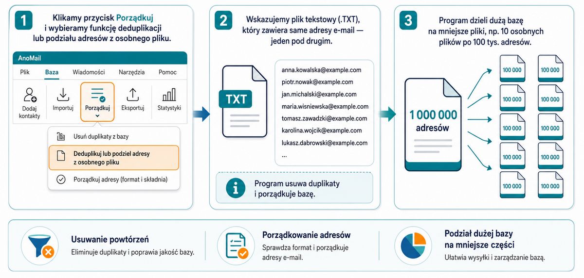 Infografika: Jak podzielić bazę z pliku tekstowego na mniejsze części w AnoMail?