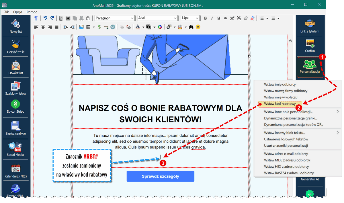 Wstawianie kodu rabatowego do treści newslettera