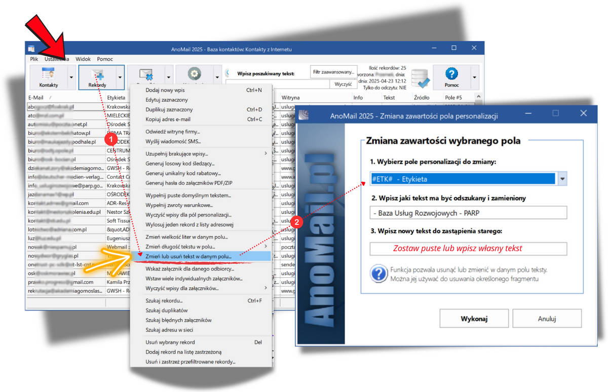 Zmiana tekstów w bazie adresowej