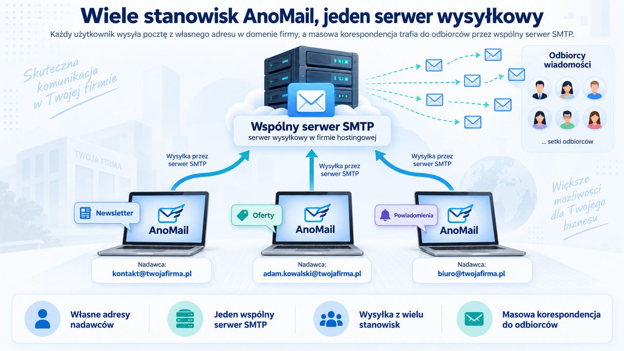 Infografika: Instalacja AnoMail u każdego pracownika w firmie i wysyłka z serwera smtp