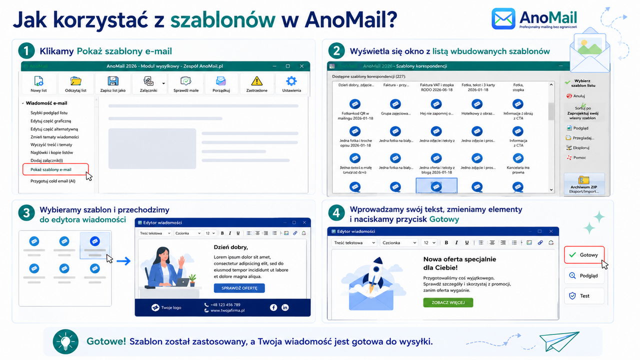 Jak korzystać z szablonów graficznych wiadomości e-mail w AnoMail?
