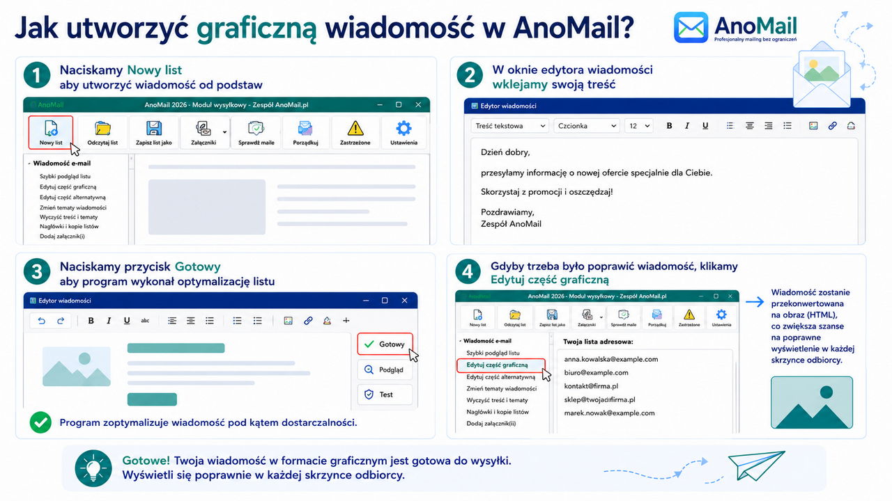 Infografika: Jak utworzyć wiadomość graficzną w AnoMail?