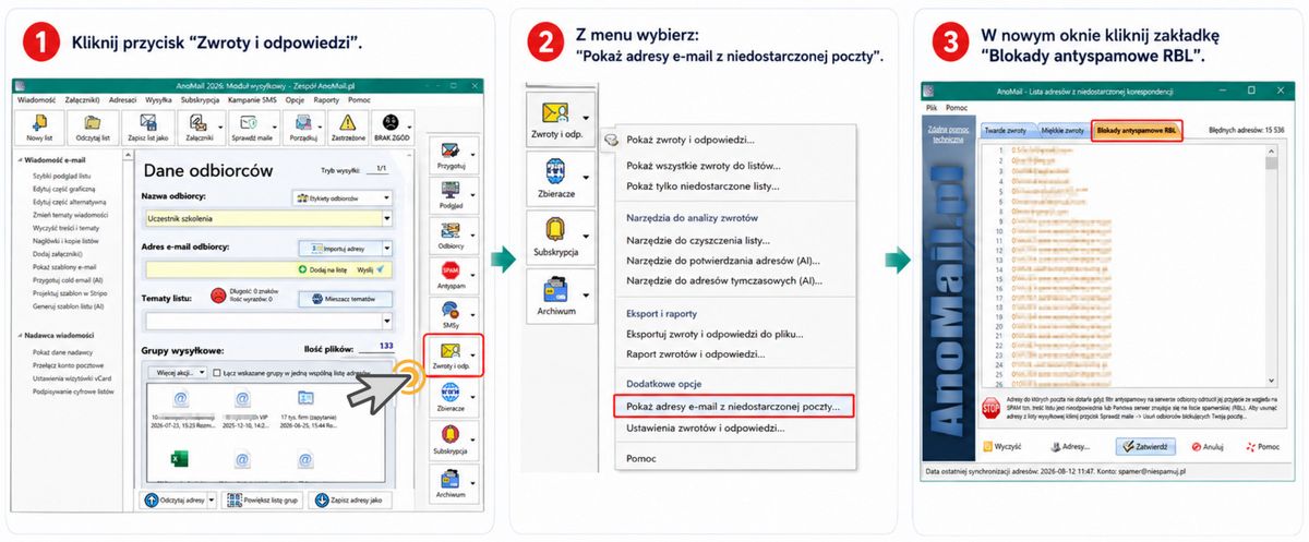 Podgląd adresów e-mail z odbić antyspamowych