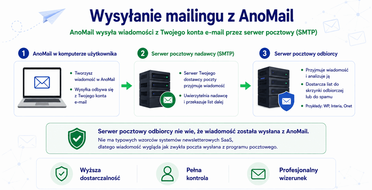 Infografika: Jak wygląda wysyłanie poczty e-mail z programu AnoMail (SMTP)