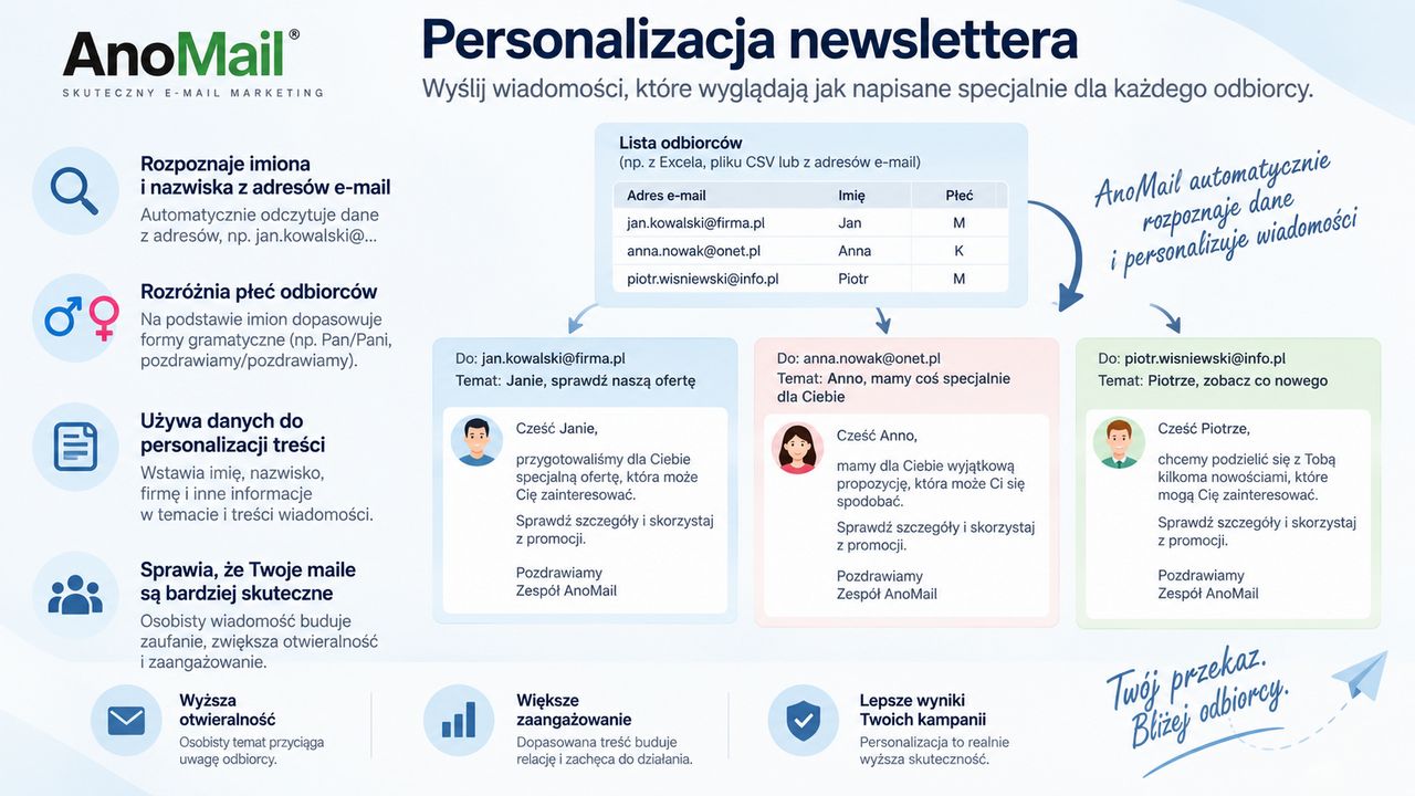 Infografika: Jakie możliwości personalizacji newslettera oferuje program AnoMail?