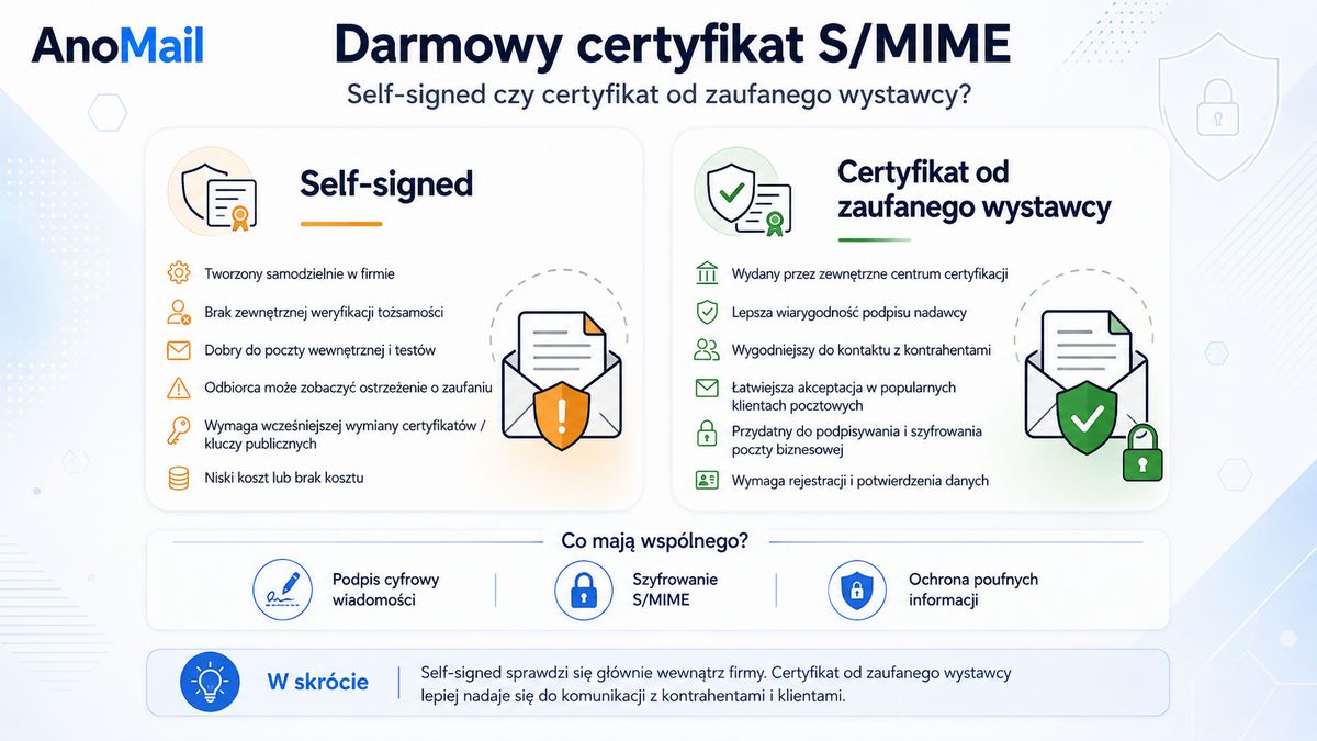Infografika: Czym jest certyfikat S/MIME Self-Signed z AnoMail i czym różni się od certyfikatów Actalis?