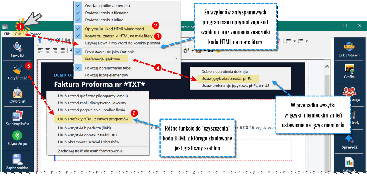 Opcje edytora wiadomości e-mail
