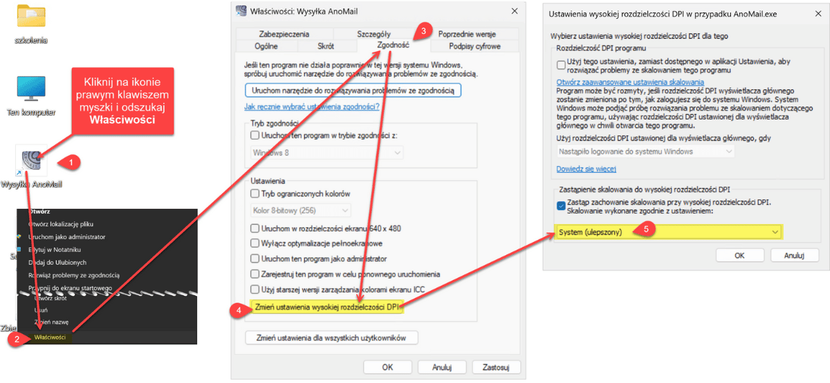 Skalowanie okna aplikacji AnoMail​ w Windows