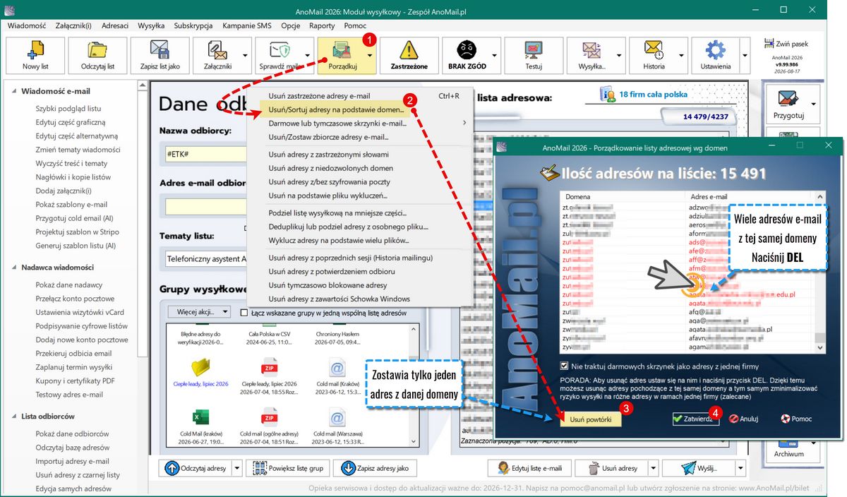 Deduplikacja adresów e-mail wg domen