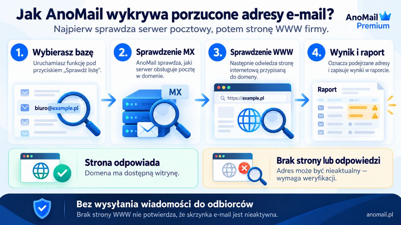 Infografika: Jak AnoMail Premium wykrywa osierocone adresy e-mail