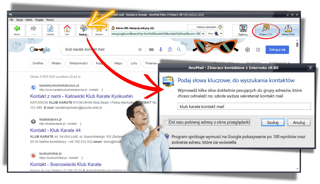 Wyszukiwanie adresów e-mail wg słów kluczowych