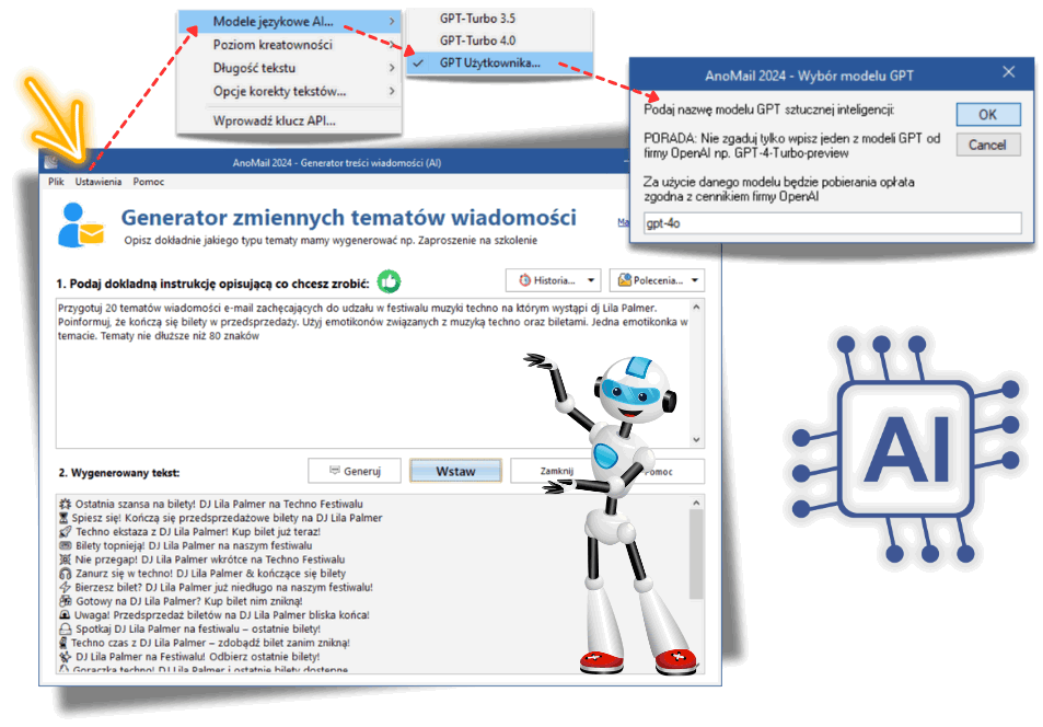 Modele AI w AnoMail np. GPT-4o