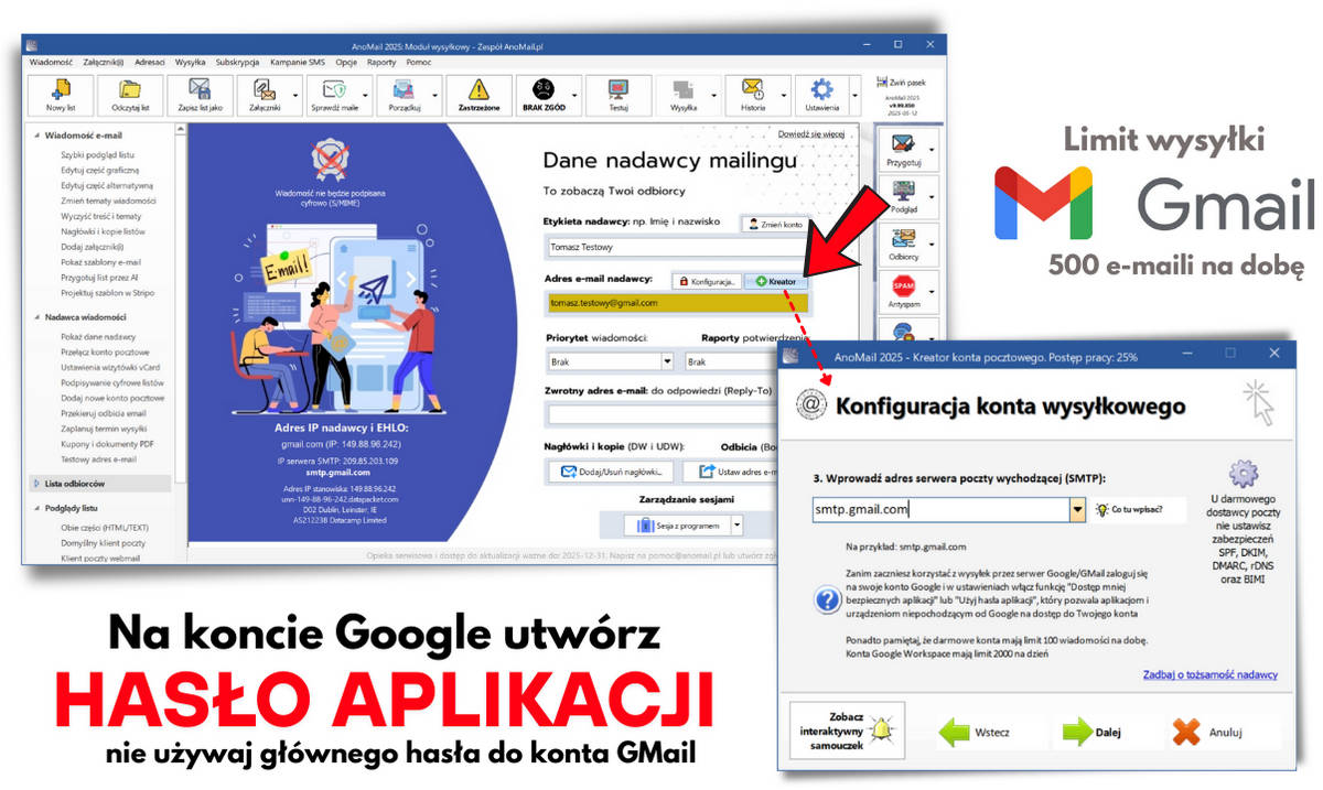 Konfiguracja AnoMail do wysyłek z GMail
