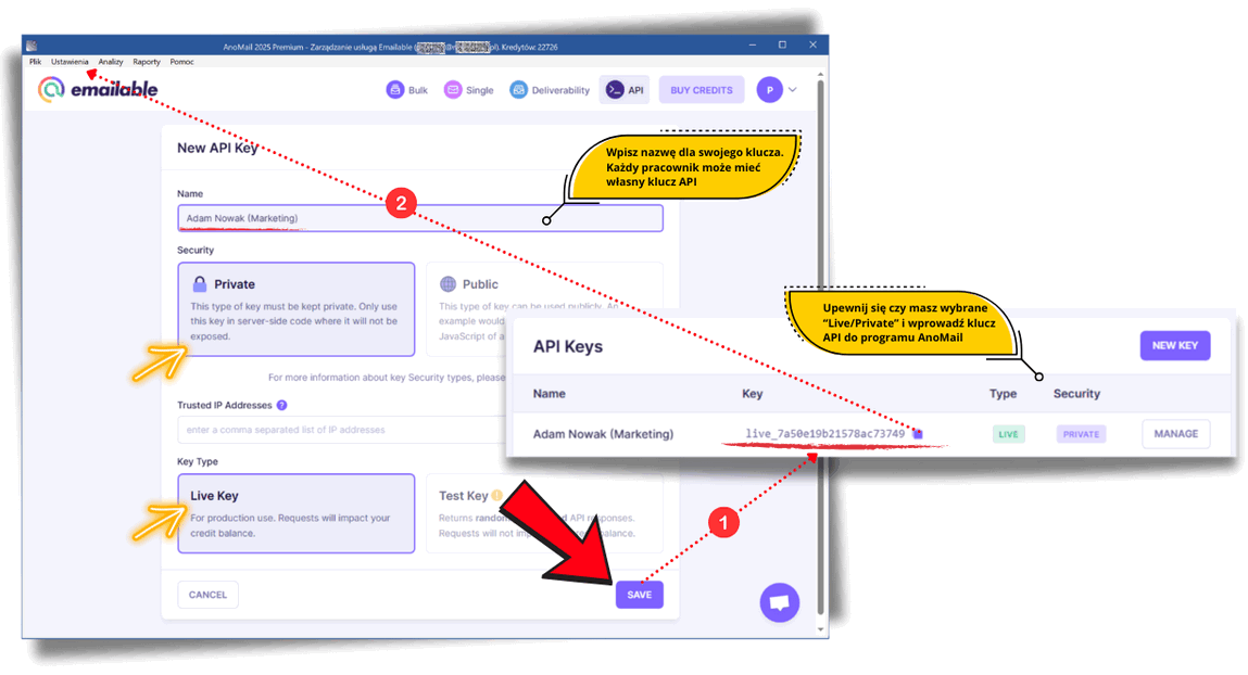 Emailable klucz API do AnoMail
