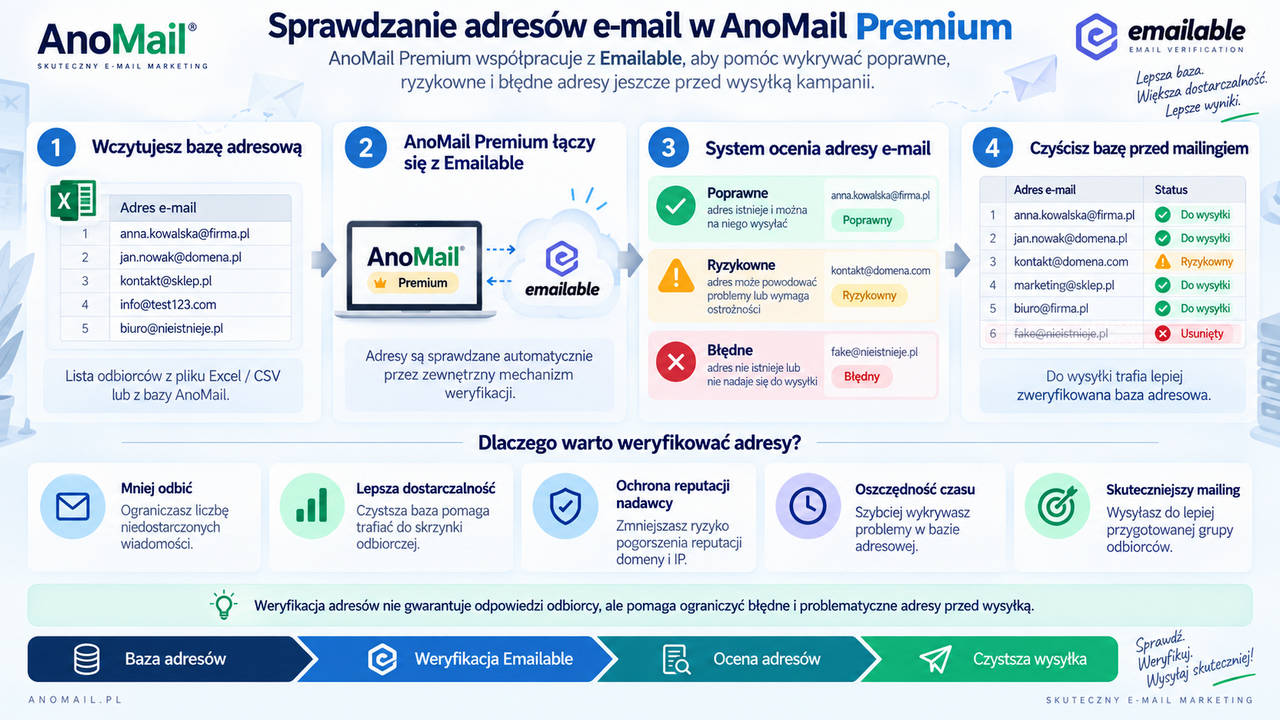 Infografika: Jak korzystać z weryfikacji adresów e-mail w AnoMail i Emailable
