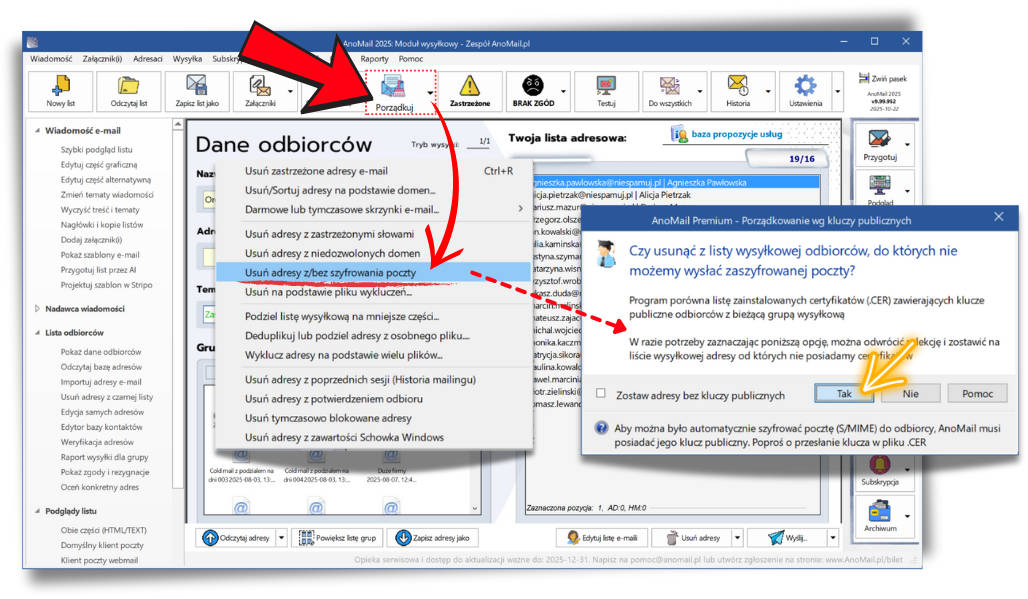 Klucze publiczne adresatów e-mail