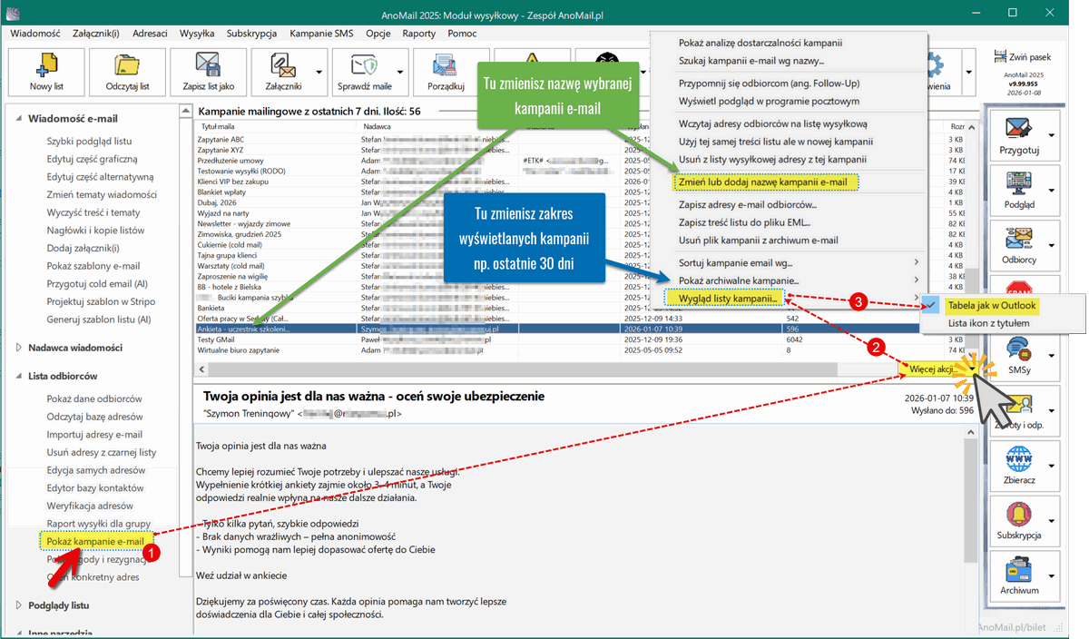 Zmiana podglądu kampanii e-mail
