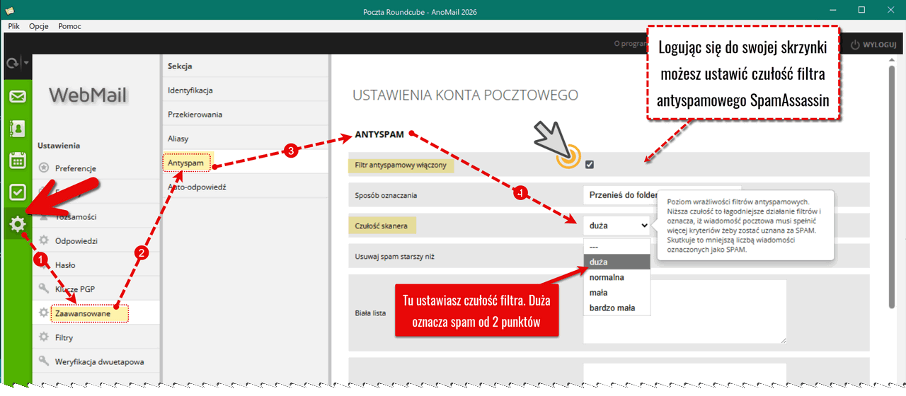 Ustawienia czułości filtra SpamAssassin