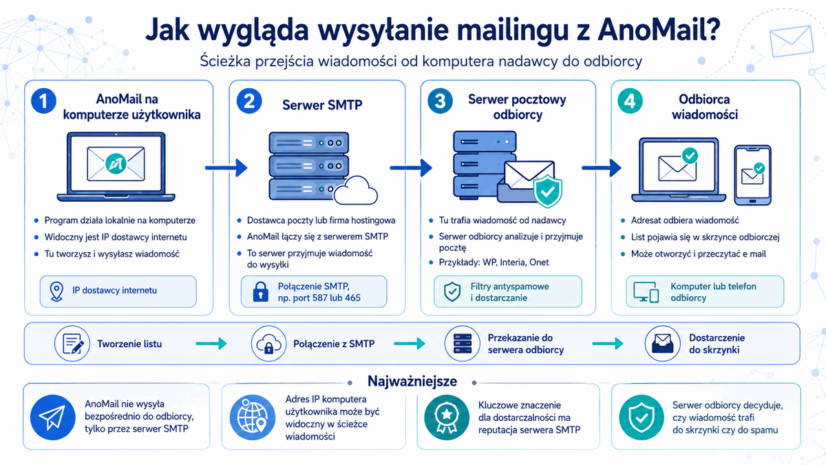Infografika: Jak wygląda wysyłanie poczty z AnoMail przez SMTP