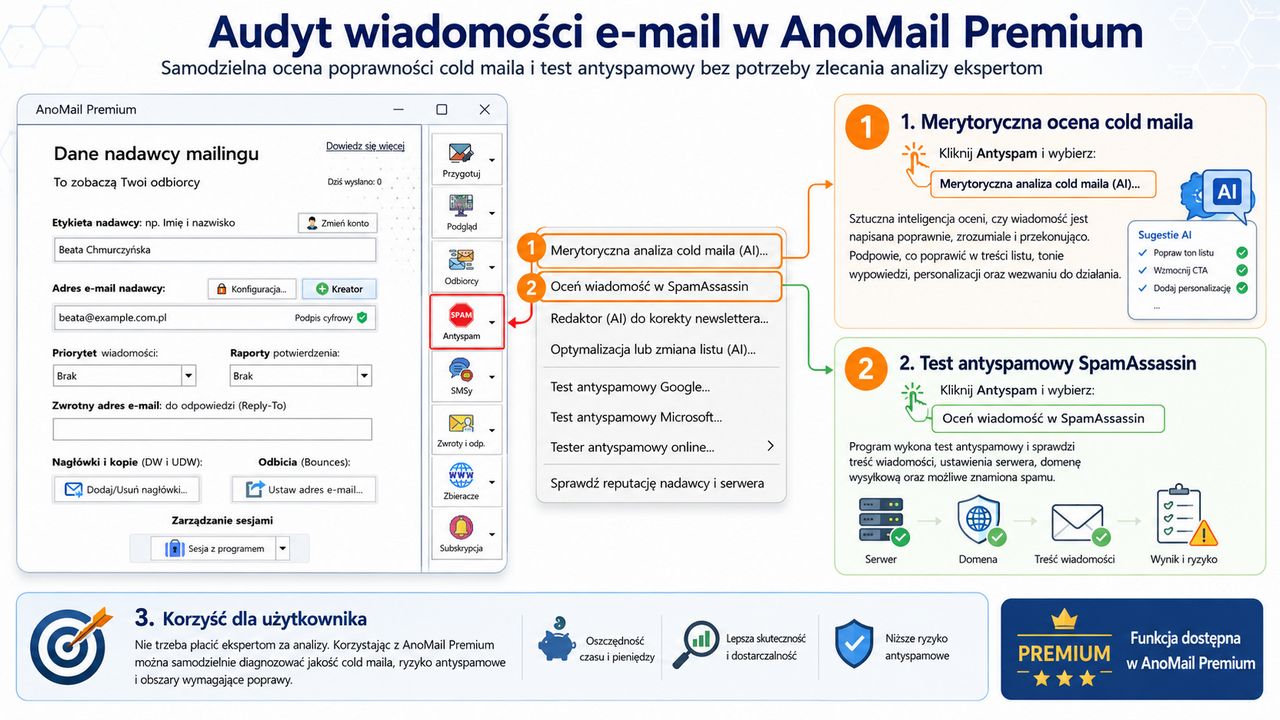 Infografika: Jak wykonać audyt wiadomości typu cold mail oraz jak wykonać ocenę antyspamową newslettera