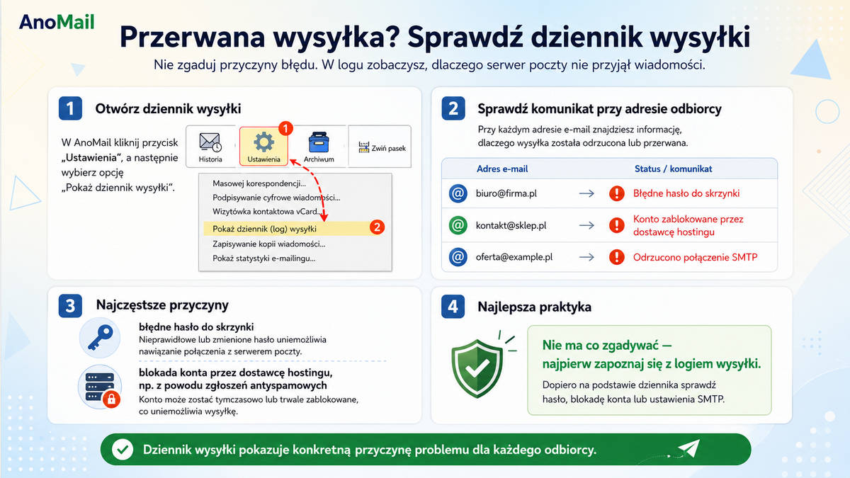 Sprawdź dziennik wysyłki po przerwanym mailingu