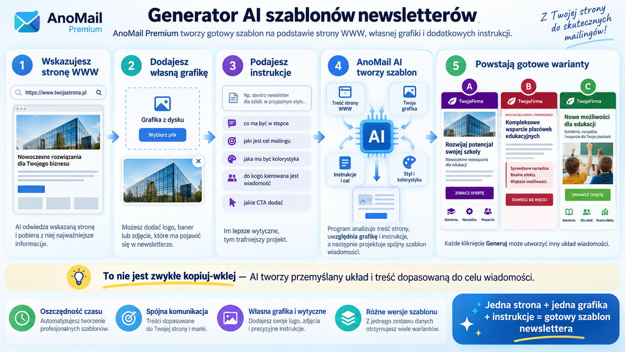 Infografika: Generator AI do szybkiego projektowania szablonów graficznych newsletterów w AnoMail Premium