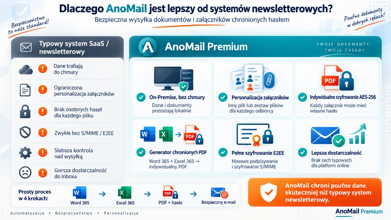Infografika: Dlaczego AnoMail jest lepszy niż systemy newsletterowe w zakresie ochrony danych osobowych
