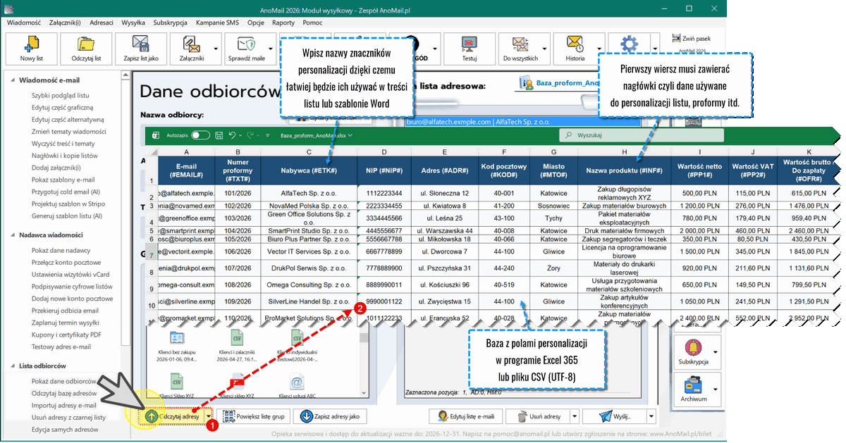 Baza w Excelu 365 do personalizacji proform i wiadomości e-mail