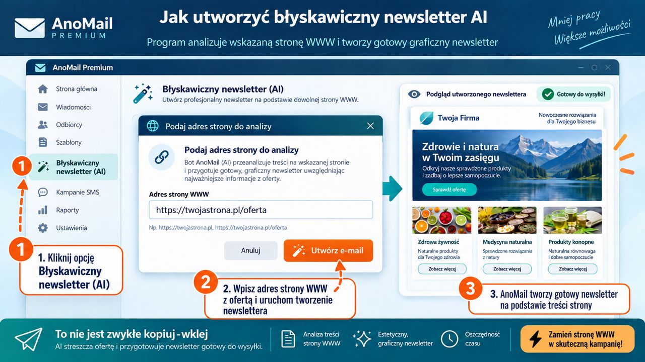 Błyskawiczne tworzenie newsletterów przez AI na podstawie wskazanej strony internetowej z ofertą