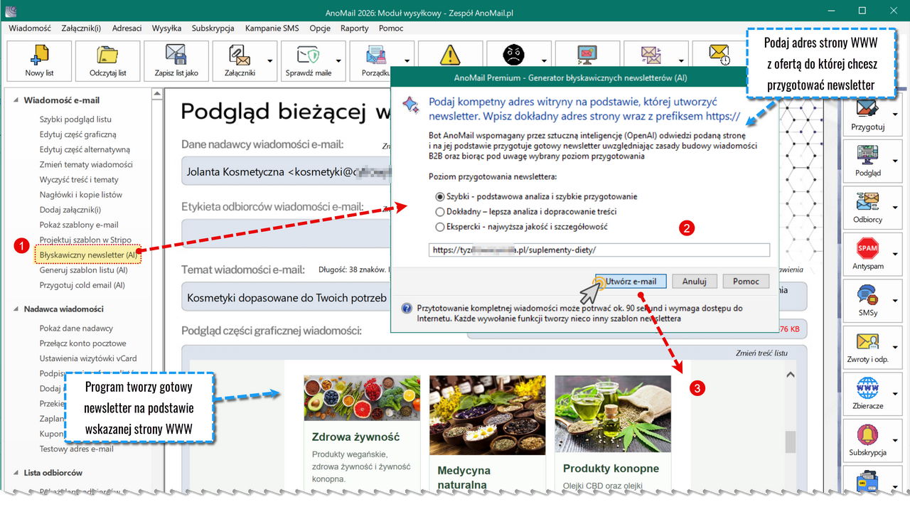 Błyskawiczny newsletter utworzony przez sztuczną inteligencję (AI) z AnoMail Premium
