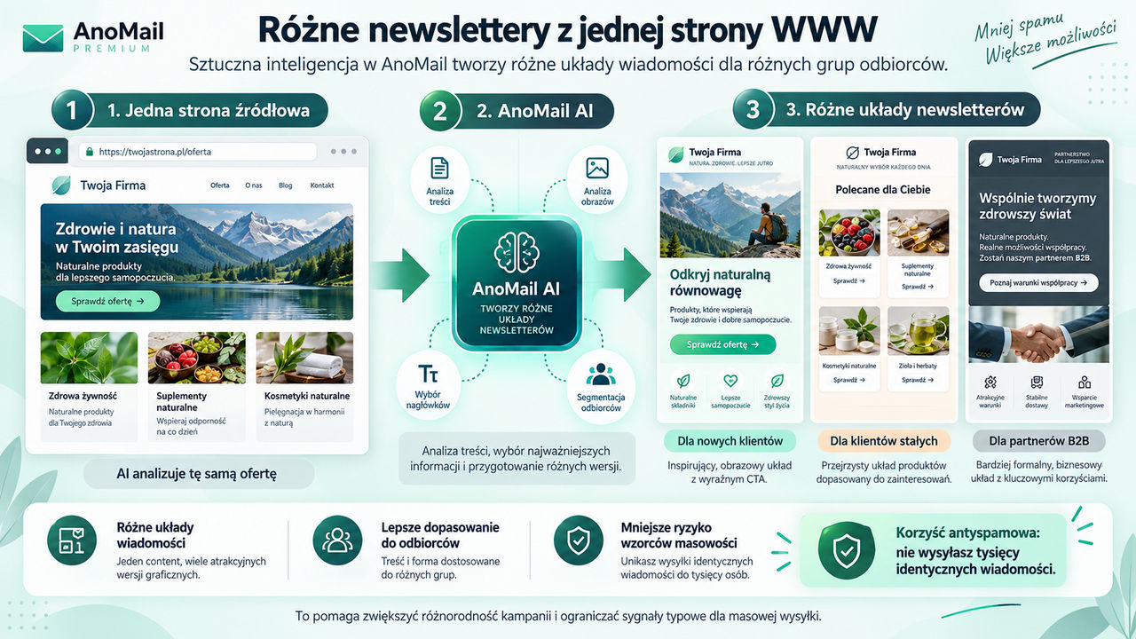 Różne treści newsletterów na podstawie tej samej strony WWW