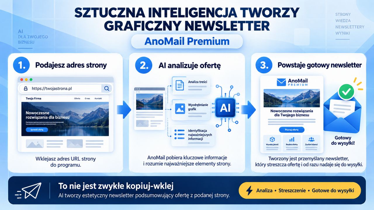 Infografika: Pokazuje jak sztuczna inteligencja z AnoMail Premium błyskawicznie tworzy gotowy newsletter na podstawie materiałów z WWW