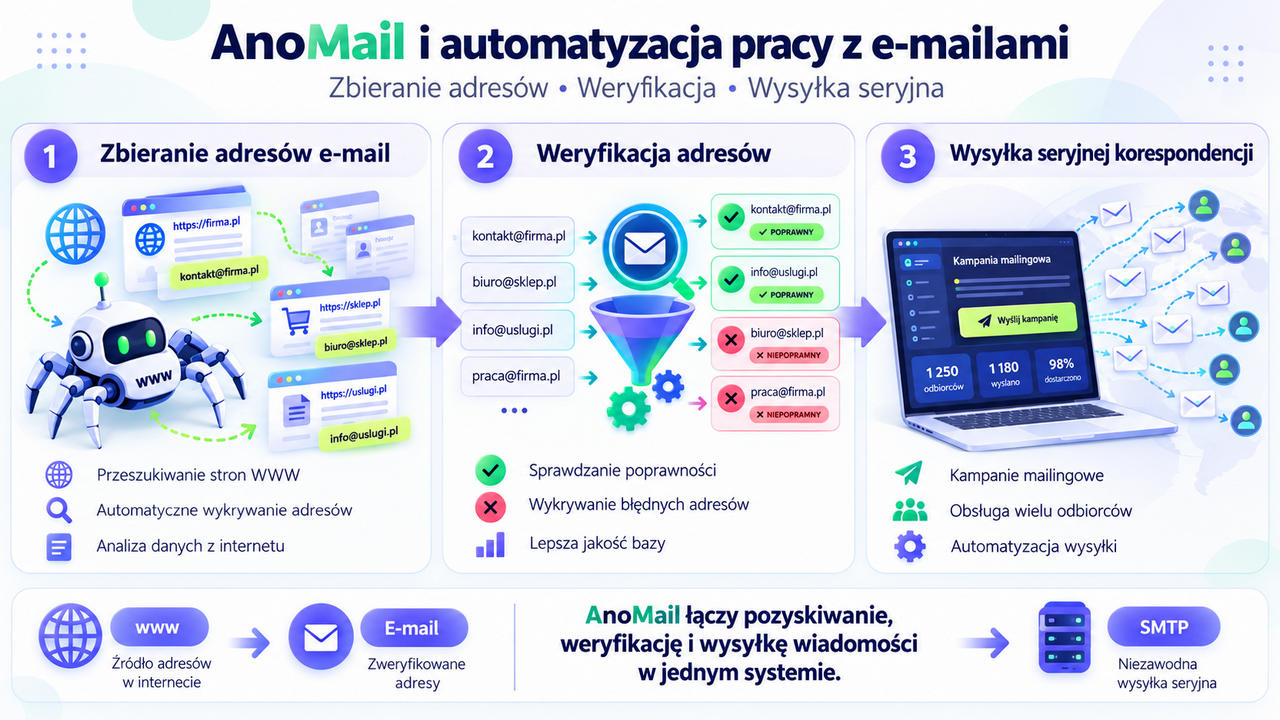 Infografika: AnoMail i mechanizmy do zbierania adresów, weryfikacji i masowej wysyłki e-mail