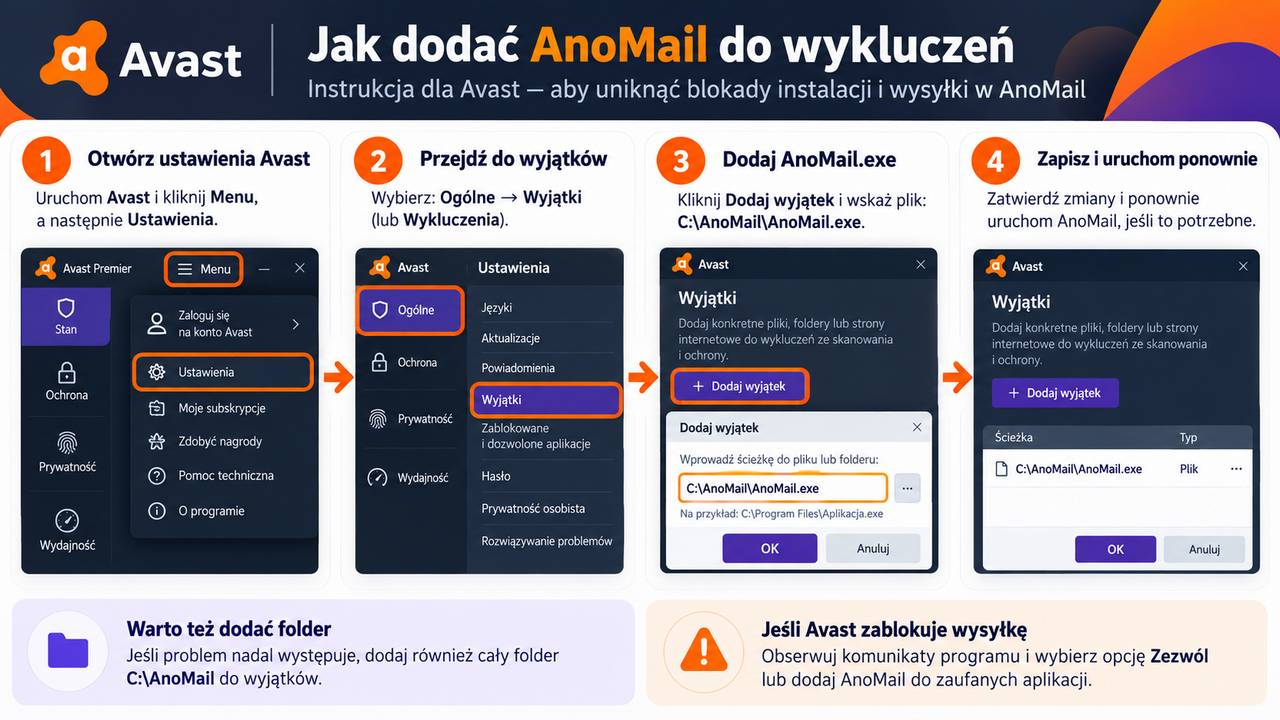 Jak dodać folder z AnoMail do wykluczeń w programie antywirusowym Avast?